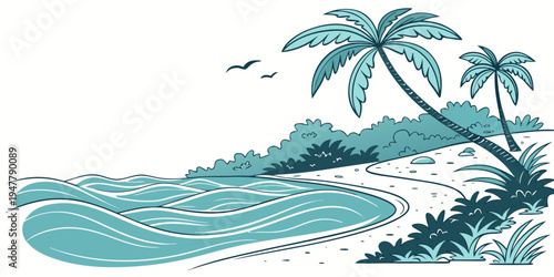 A tropical island with palm trees and a body of water Vector