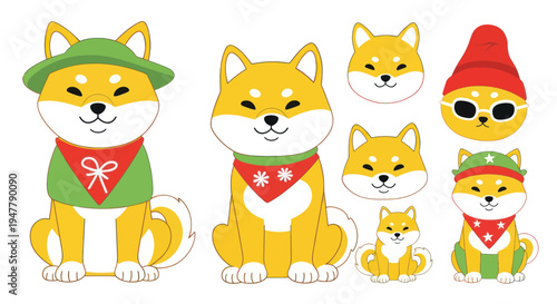 Cute Shiba Inu Dog Collection: Characters with Hats and Bandanas