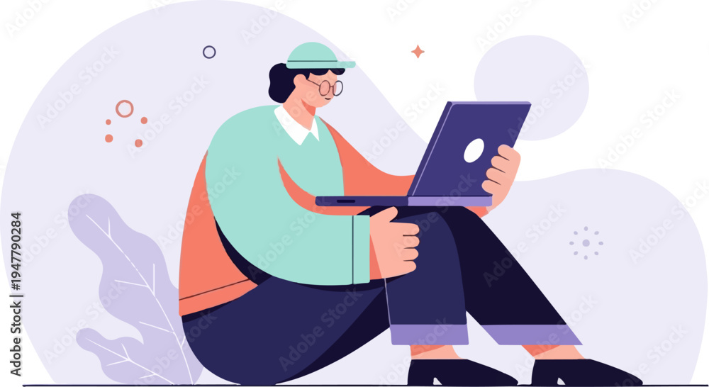 Fototapeta premium Person in casual clothing and hat using a laptop while sitting