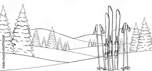 Winter landscape with snow, pine trees, and skis with poles