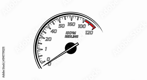 Stylized tachometer graphic indicating engine speed, with redline