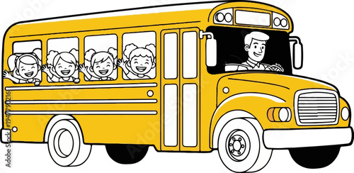 Yellow school bus with smiling children waving from windows