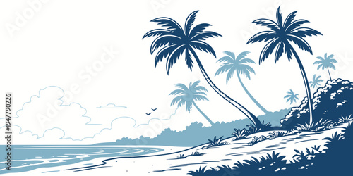 A beach scene with palm trees on the shore Vector