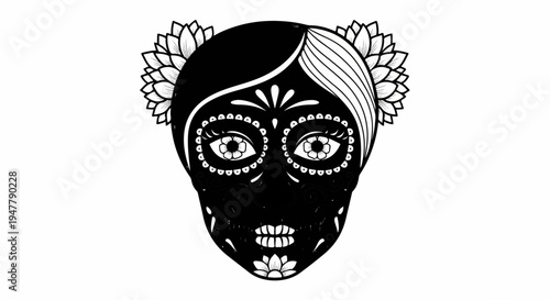 Ornate black skull mask with floral accents and detailed eyes