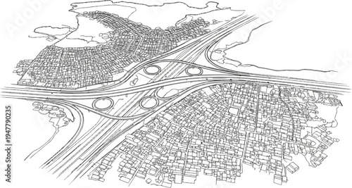 Intricate sketch of a dense urban area with a complex highway interchange
