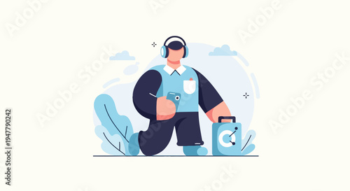 Man with headphones, phone and briefcase in a stylized outdoor scene