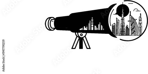 Stylized telescope viewing a modern city skyline with iconic buildings