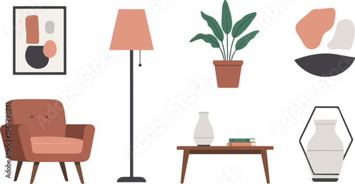 Modern abstract art, cozy armchair, floor lamp, potted plant, and decorative objects