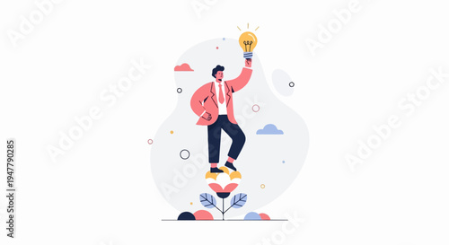 Man with idea bulb standing on flower, abstract background with clouds