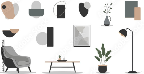 Modern abstract interior elements with furniture and plants