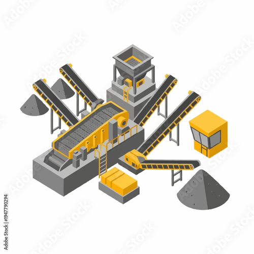 Isometric illustration of a quarry with conveyors, machinery, and piles of materials.