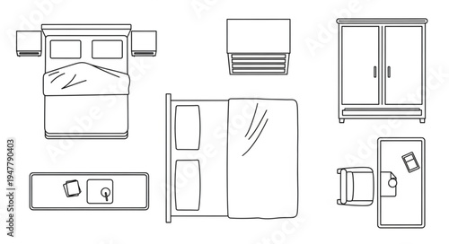 Bedroom Furniture Layout - Top-Down View of Bed, Desk, and Wardrobe.