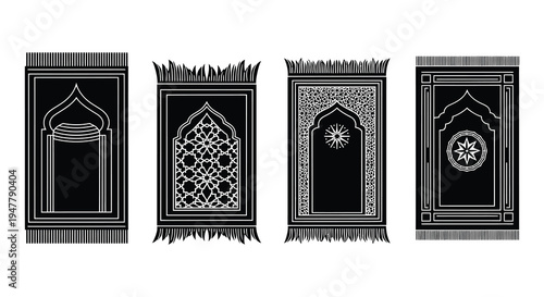 Four ornate islamic prayer rugs with geometric and floral designs