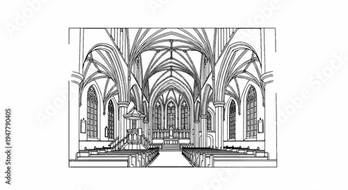 Ornate cathedral interior with gothic arches, stained glass windows, and pews