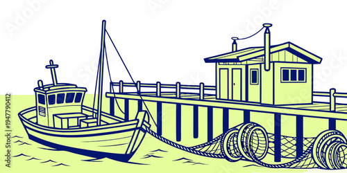 A small boat docked next to a pier house Vector