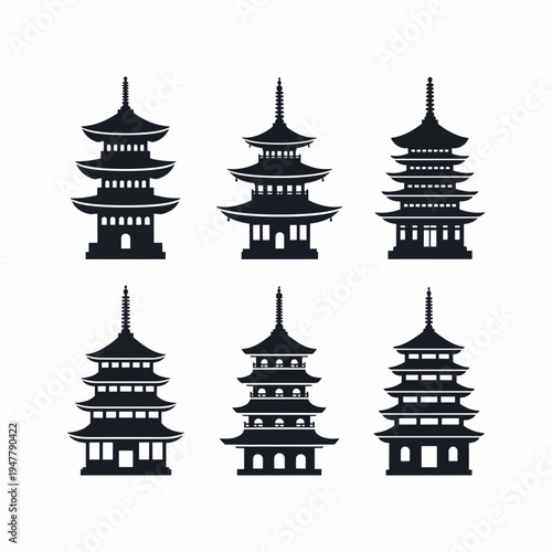 Collection of Traditional Asian Pagoda Silhouettes 1.