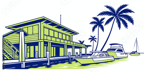 A large house with a dock and palm trees Vector