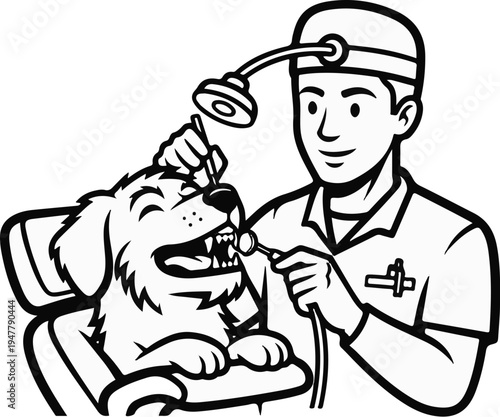 Veterinarian examining dog's teeth with dental tools and headlamp