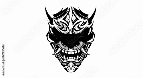 Ornate black and white demonic mask with sharp teeth and horns