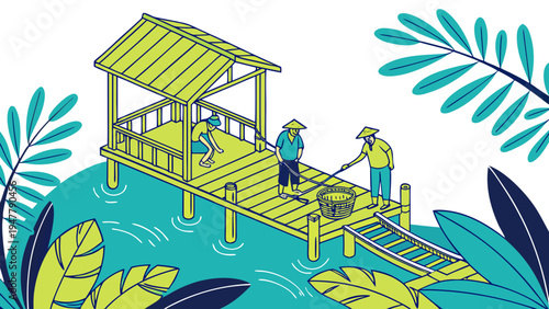 People standing on a wooden bridge in a tropical setting Vector
