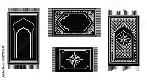 Four ornate islamic prayer rugs with geometric and floral designs