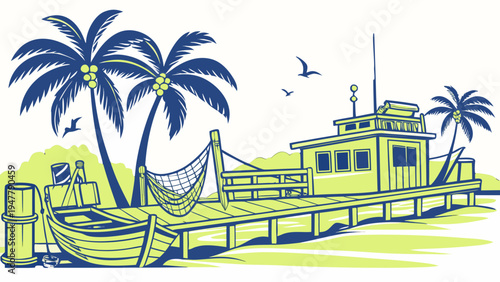 A tropical beach scene with a pier and palm trees Vector