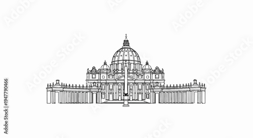 Ornate dome and colonnade structure, detailed line art illustration