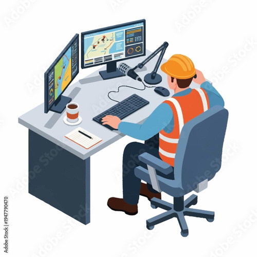 Isometric illustration of a man working at a computer with maps and data.