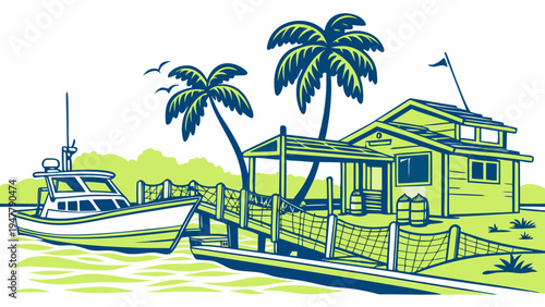 A small house with a dock and palm trees Vector