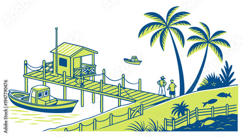 A dock with a boat and palm trees on a sunny day Vector