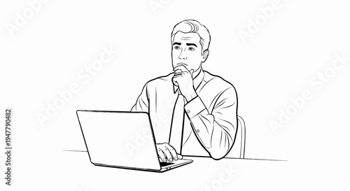 Man with laptop contemplating, hand on chin, in a shirt and tie