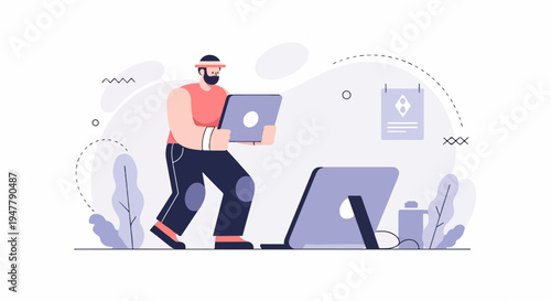 Man with laptop on treadmill, abstract shapes and plants