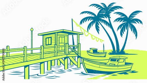 A small beach hut on a pier near palm trees Vector