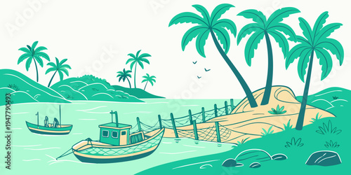 A tropical island with boats and palm trees Vector