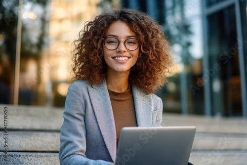 person with curly hair in a light gray blazer working on a laptop outdoors on concrete steps in front of a glass office building, looking focused and confident