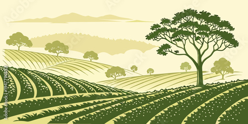 A tree stands in a field of crops Vector
