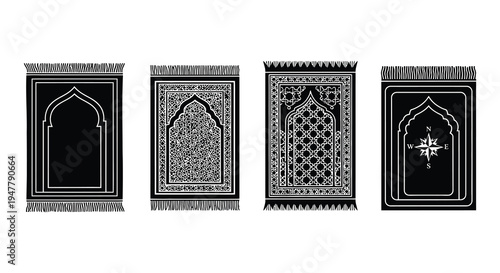 Four ornate islamic prayer rugs with geometric and floral designs