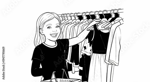 Young girl smiling as she shops for clothes from a rack