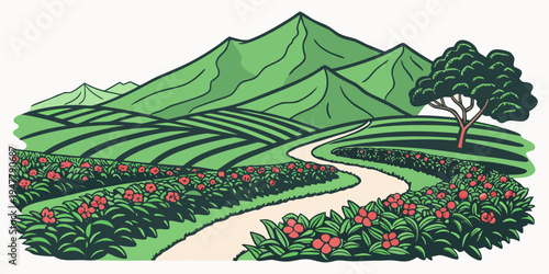 A green landscape with a winding path and red flowers Vector