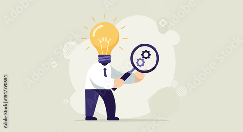 Man with lightbulb head examines gears under magnifying glass