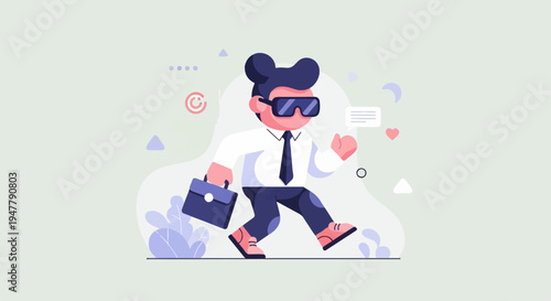 Modern businessperson with briefcase and sunglasses walking forward