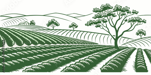 A green illustration of a tree in a field with rows of crops Vector