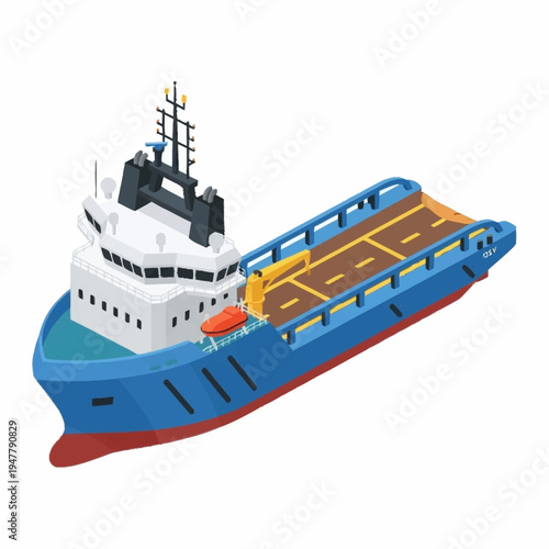Isometric illustration of a blue and white offshore supply vessel with a large deck for cargo.
