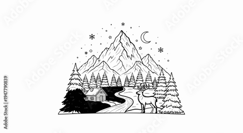 Winter mountain scene with a cabin, deer, and snowy forest
