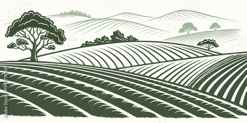 A green illustration of a field with rows of crops and a tree Vector