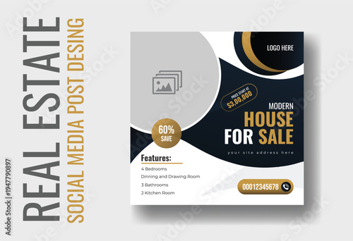 Modern Real Estate House for Sale Social Media Post Template with Luxury Blue and Gold Style