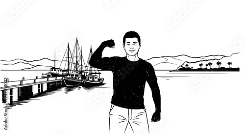Young man flexing at a sunny harbor with sailboats and distant islands