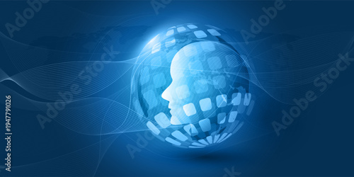 Abstract Dark Blue Agentic AI, Digital Assistant, Artificial Intelligence, Modern Global Artificial Technology Concept - Human Head Silhouette Inside Digital Globe with Network Grid