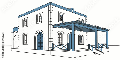 A white house with blue trim and a covered porch Vector