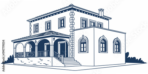 A large house with a porch and stairs Vector